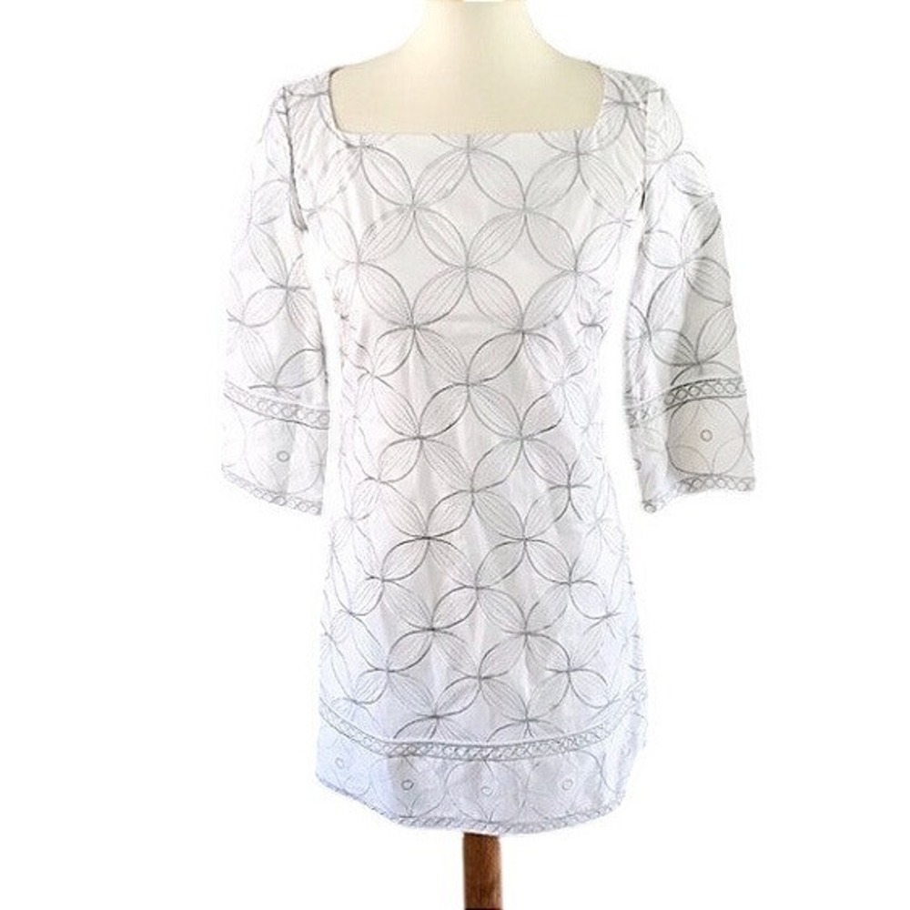 Lilly Pulitzer Lyla Shift White Dress Silver Embroidered 3/4 Sleeve Metallic 8
